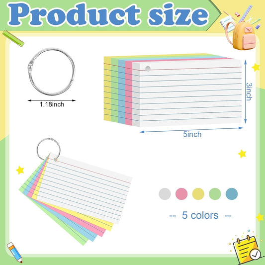 Colored Index Cards 3x5 Inch Heavyweight Flash Cards with Ring Lined Flashcards Note Cards for Studying School Supplies College, 200 Count