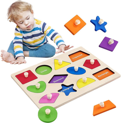 Montessori Toy Wooden Shape Peg Puzzles Montessori Baby Puzzle Geometric Shape Puzzle with Board Knob Preschool Wooden Puzzles for Toddlers 1-3 Year Old