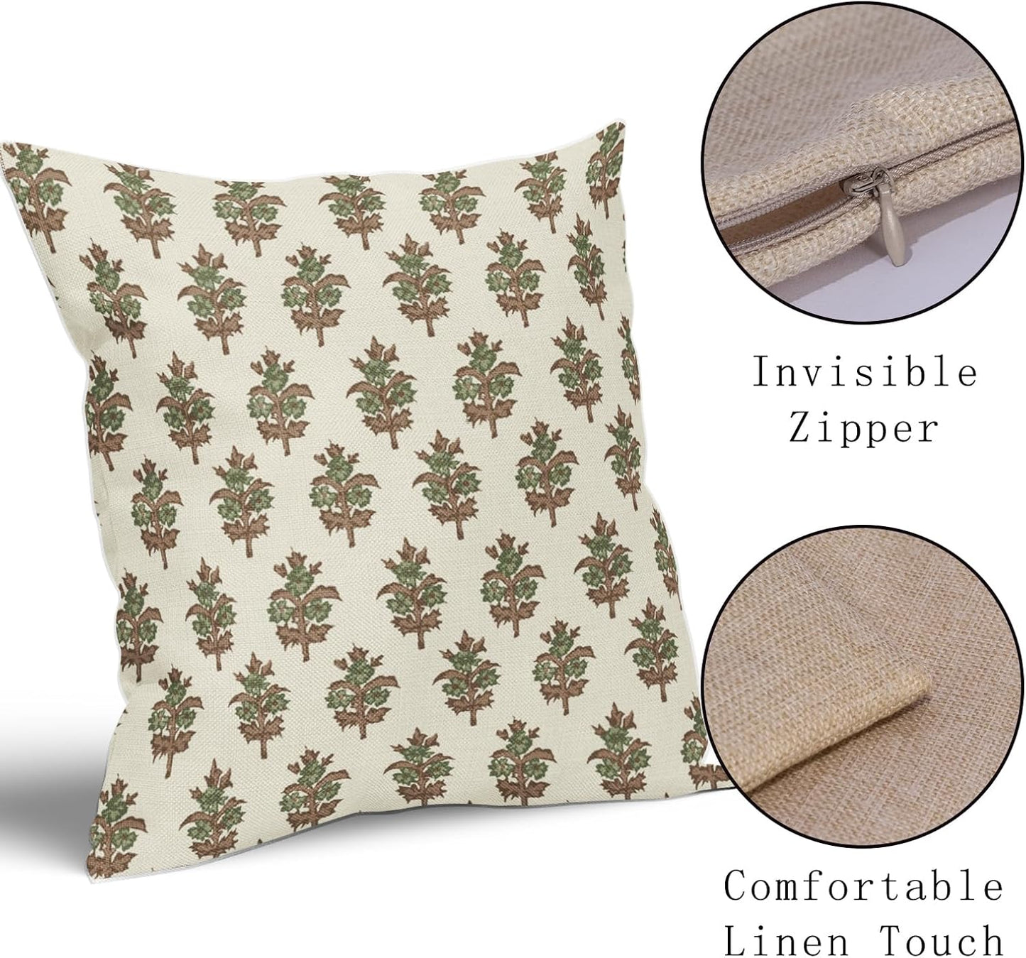 Sage Green Blue Floral Block Print Pillow Covers 18x18 Set of 2 Spring Flower Pattern Decorative Throw Pillowcases Outdoor Rustic Farmhouse Square Cushion Cases Decor for Home Couch Sofa Bed