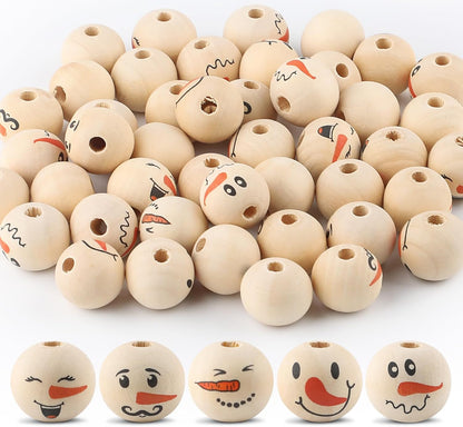 50PCS Christmas Snowman Wooden Bead, 20mm Winter Craft Wood Round Beads Natural Wood Beads for Xmas Tree Hanging Decoration Winter Holiday Garland Making DIY Craft Supplies