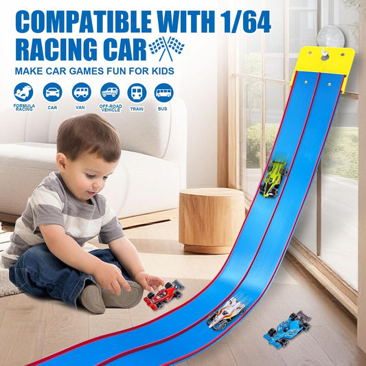 Flexible Race Track Toys for Kids, 15 Ft Double Lane Racetrack with 4 Cars & Suction Cups, Compatible with Hot Wheels & 1/64 Diecast Cars, Portable Roll Up Car Ramp Track Set for Ages 3+(Yellow&Blue)