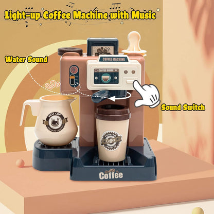 Pretend Play Coffee Shop Playset 41 PCS with Coffee Maker Machine, Sound Cash Register and Dessert Bakery Realistic Role Play Toy with Play Money, Donuts Cakes for Kids Birthday Party Fun