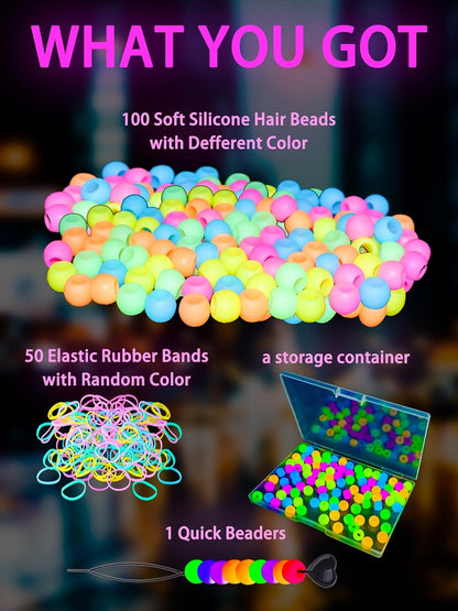 100 Small Silicone Hair Beads Glow in Dark for Kids Girls Braids, 5mm Colorful Soft Silicone Hair Beads, 1 Plastic Quick Beaders for Hair Braids, 50 Elastic Rubber Bands
