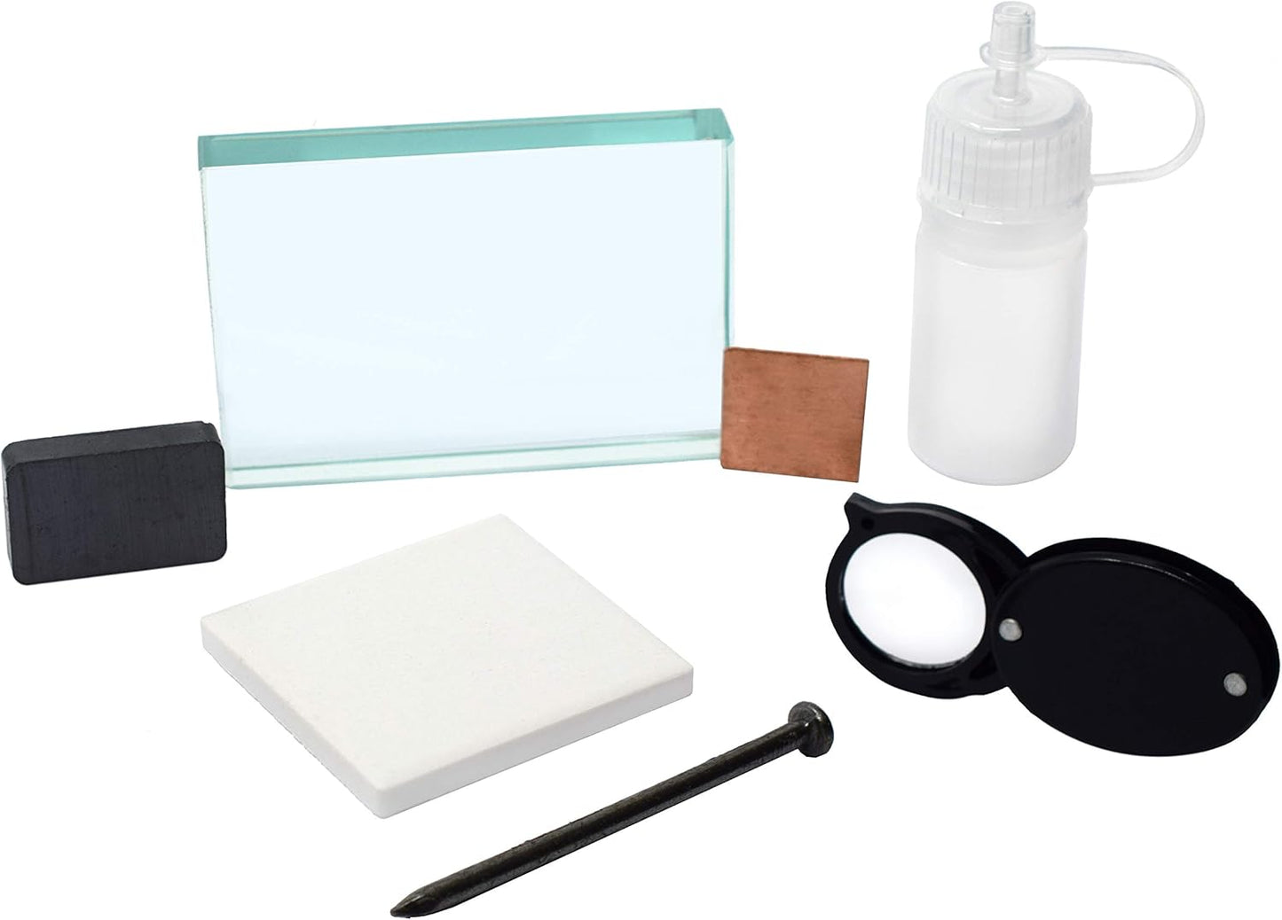 EISCO Mineral ID Kit - 7 Pieces - Includes Streak Plate, Glass Plate, Dropper Bottle, Magnet, Nail, Copper Square & Retractable Hand Lens - Great for Geology Classrooms & Basic Field Testing