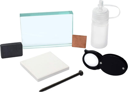 EISCO Mineral ID Kit - 7 Pieces - Includes Streak Plate, Glass Plate, Dropper Bottle, Magnet, Nail, Copper Square & Retractable Hand Lens - Great for Geology Classrooms & Basic Field Testing