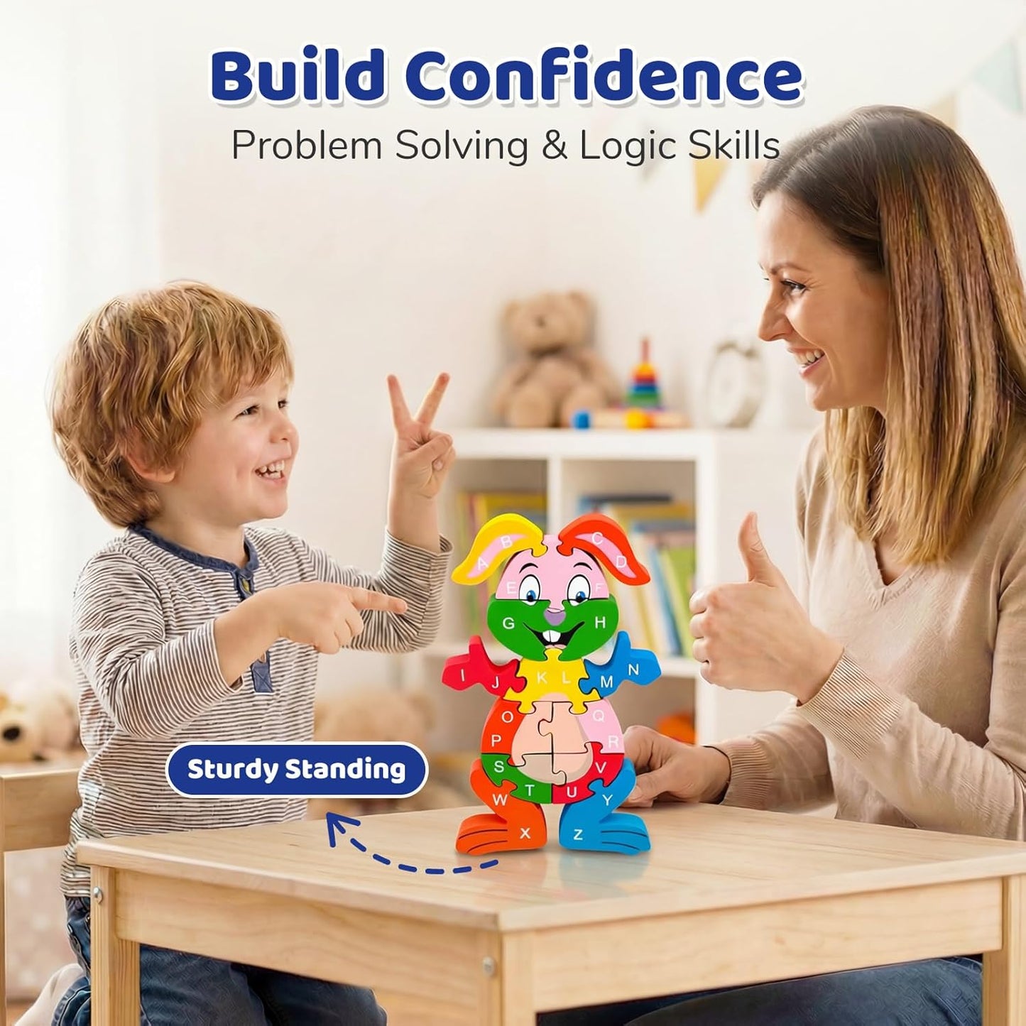 LovesTown Wooden Puzzles for Kids, Double Sided Giraffe Jigsaw with Alphabet & Numbers, Montessori Educational Toy for Toddlers, Chunky Animal Gift