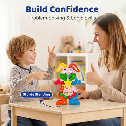 LovesTown Wooden Puzzles for Kids, Double Sided Giraffe Jigsaw with Alphabet & Numbers, Montessori Educational Toy for Toddlers, Chunky Animal Gift