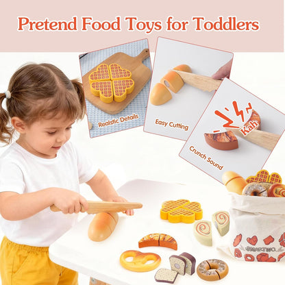 Wooden Play Food Toys for Toddler,Kids Baking Cutting Game Set,Children Kitchen Bakery Pretend Play,Early Educational Toy Gift for Boys Girls