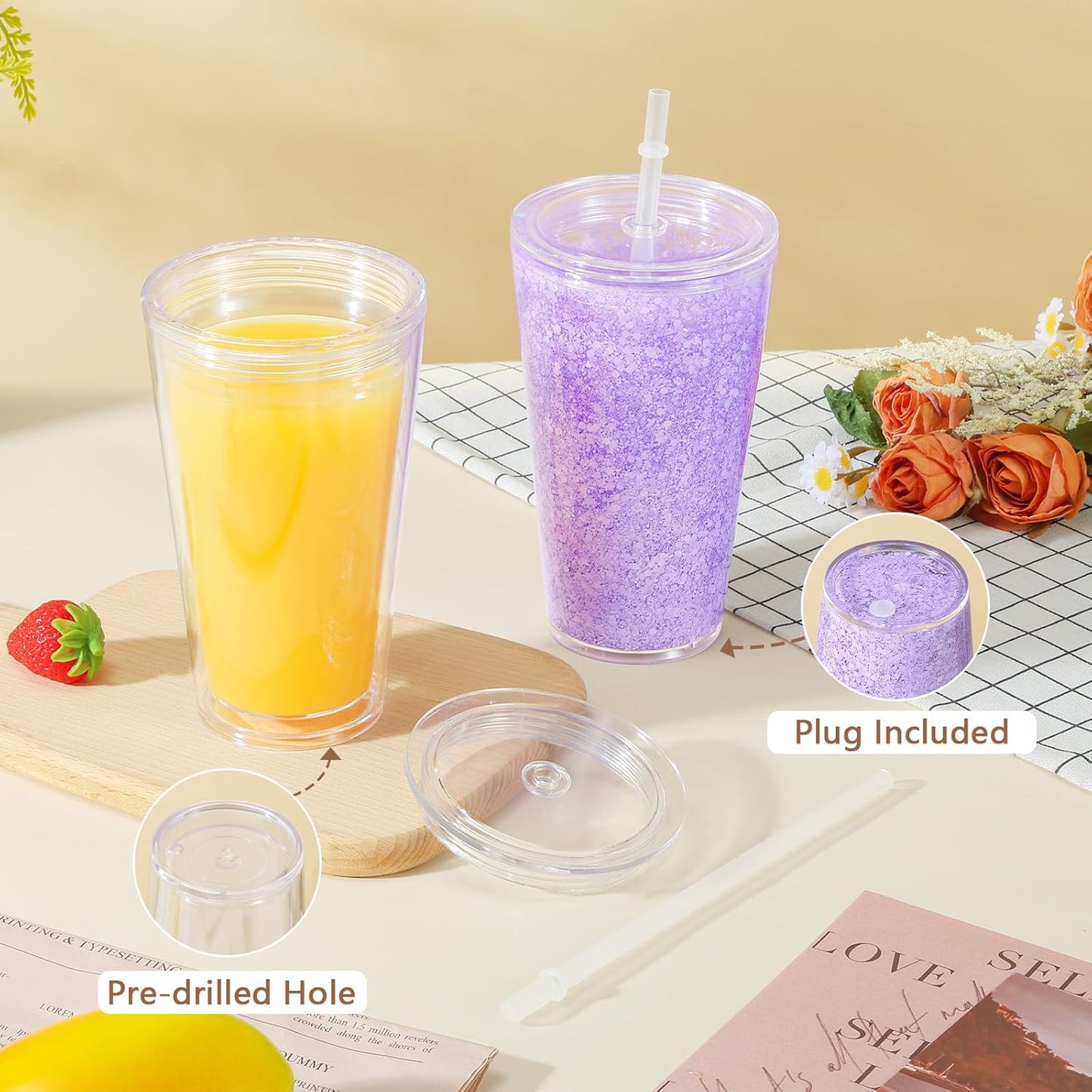 16 Oz Acrylic Kids Snowglobe Tumbler, 8 Pack Pre-Drilled Double Wall Plastic Snow Globe Cup for Glitter Snow Globe Diy