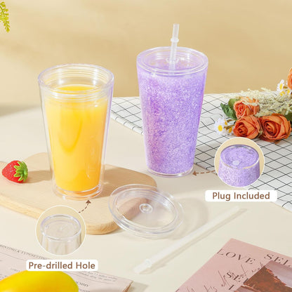 16 Oz Acrylic Kids Snowglobe Tumbler, 8 Pack Pre-Drilled Double Wall Plastic Snow Globe Cup for Glitter Snow Globe Diy