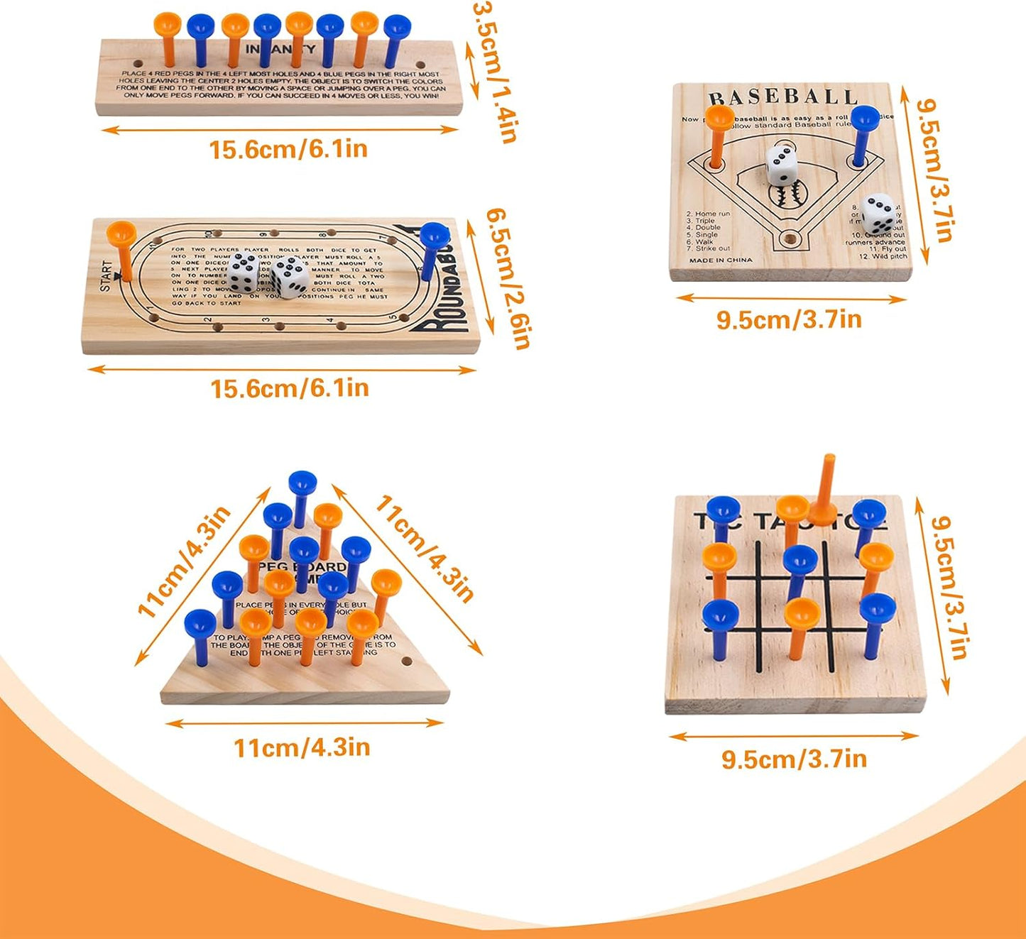 5 PCS Wooden Peg Games Assortment Kit, Strategy Board Table Game Set in 5 Style Including Baseball, Tic-Tac-Toe, Insanity, Peg-Board-Game, Roundabout