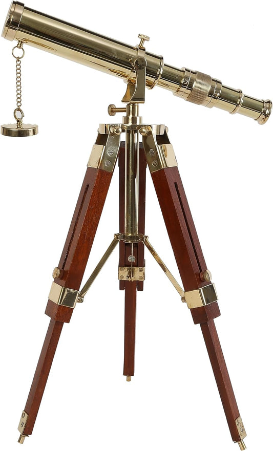 Vintage Brass Telescope on Tripod Stand use Lens Antique Desktop Brass Telescope Royal Antique Golden Finish Spyglass Nautical Beautiful On Wooden Tripod Stand
