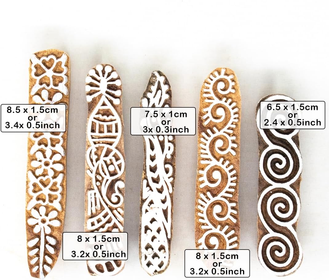 Border Pattern Wooden Stamps - Wooden Stamps for Block Printing on Saree Border, Textile, Clay, Pottery, Tattoo (Set of 5) HASHCART®