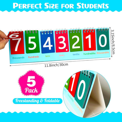 5 Pack Student Place Value Flip Chart Double-Sided with Whole Numbers and Decimals 1st 2nd 3rd Grade Math Learning Tool to Count by Ones, Tens, Hundreds, Thousands and Millions Classroom Must Haves