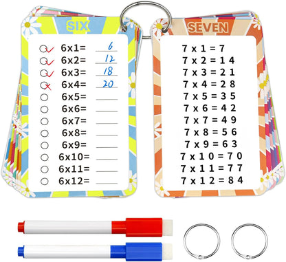 15 Pcs Boho Multiplication Flashcards 0-12, Multiplication Chart Math Flashcards, Times Table Flash Cards, Math Game with 2 Dry Erase Markers and 2 Rings for 1st to 3rd Grades