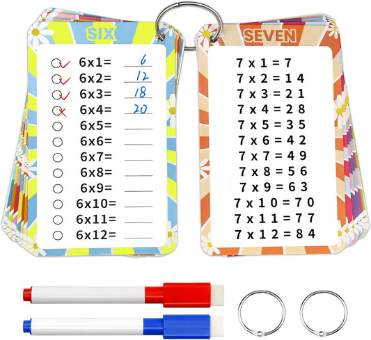 15 Pcs Boho Multiplication Flashcards 0-12, Multiplication Chart Math Flashcards, Times Table Flash Cards, Math Game with 2 Dry Erase Markers and 2 Rings for 1st to 3rd Grades