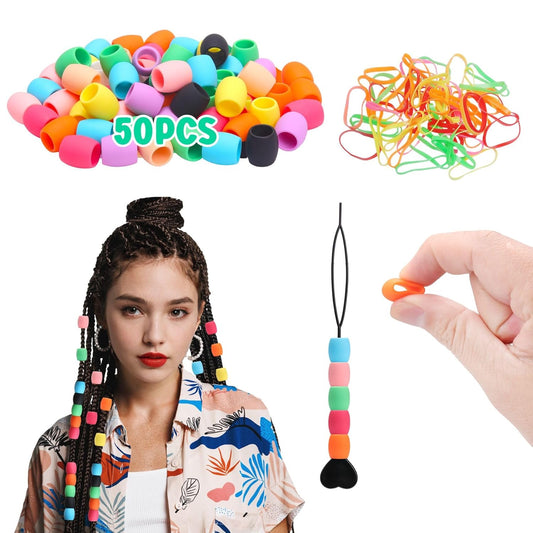 SEVENKA 100 Small Silicone Hair Beads Set for Girls, 5mm Colorful Soft Micro Silicone Hair Beads for Braids for Girls, 2 Plastic Quick Beaders for Hair Braids, 50 Elastic Rubber Bands
