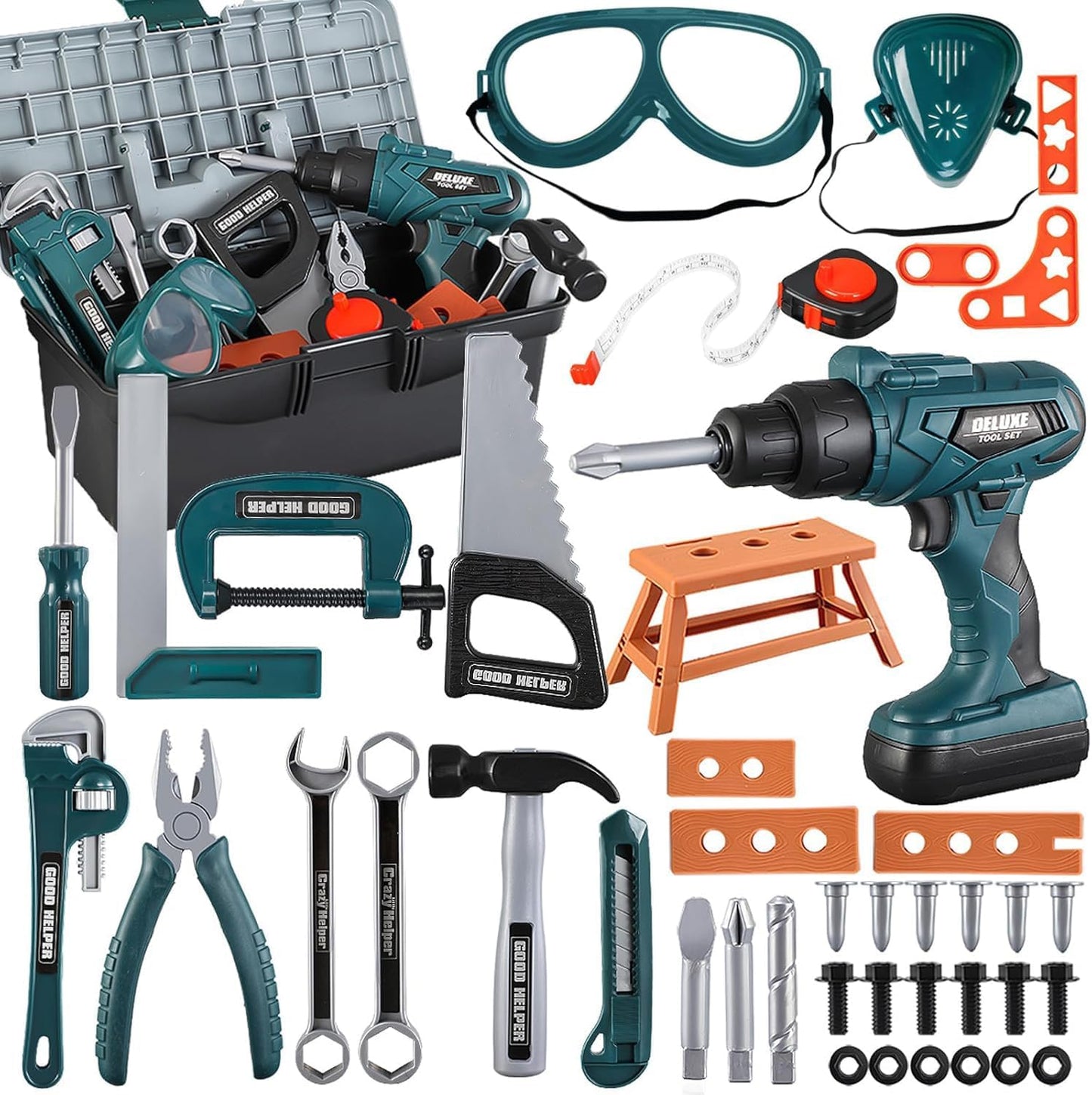 Kids Tool Set – Zealous 48 pcs Toddler Tool Set with Tool Box & Electronic Toy Drill, Pretend Play Kids Toys, Toy Construction Tools for Kids Ages 3,4,5,6,7,8 Years Old (A-Orange)