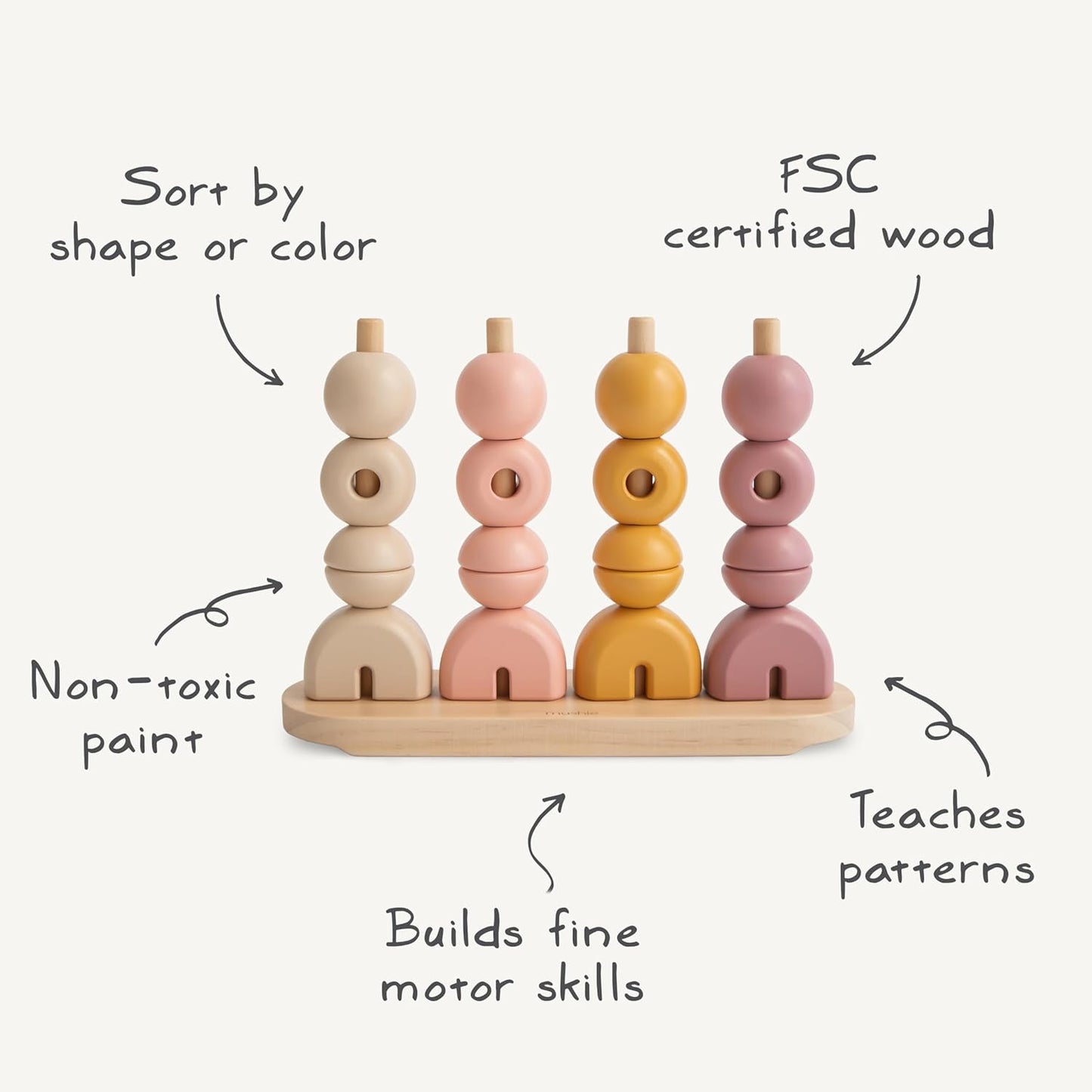 mushie Wooden Multi Shape Stacker | for Kids 3 Years+ | Preschool Educational & Toddler Montessori Toys (Original)