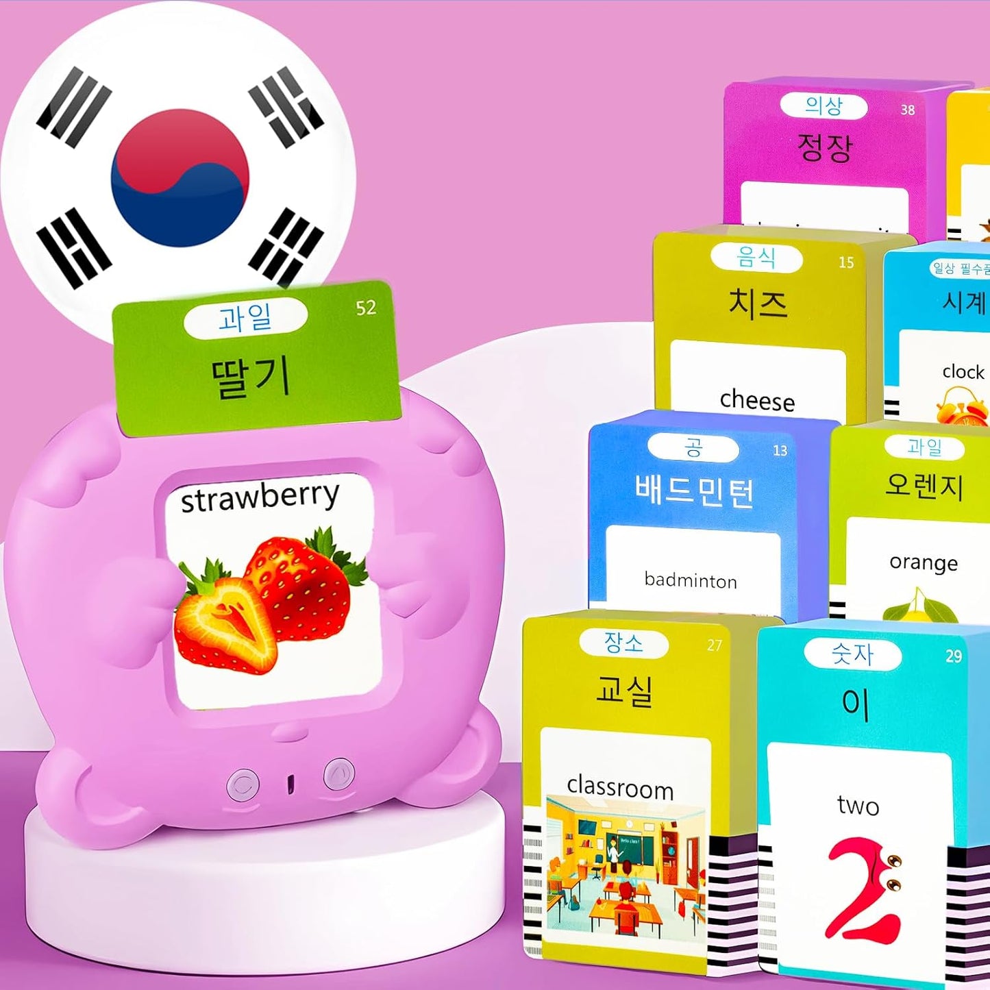 Bilingual English Flash Cards - Korean Talking Flash Cards, 510 Sight Words 31 Themes, Pocket Speech for Toddlers 3-12, Autism Sensory Toys, Preschool Learning Activity (Korean, Pink)