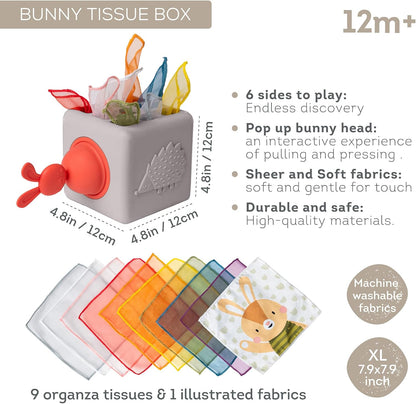 Taf Toys Baby Tissue Box Toy Silicone Baby Toys 6-12 Months Montessori Toys Sensory Activity & 10 Tissues for Fine Motor Development Soft Interactive Silicone Learning Cube for 1 Year Old Toddlers