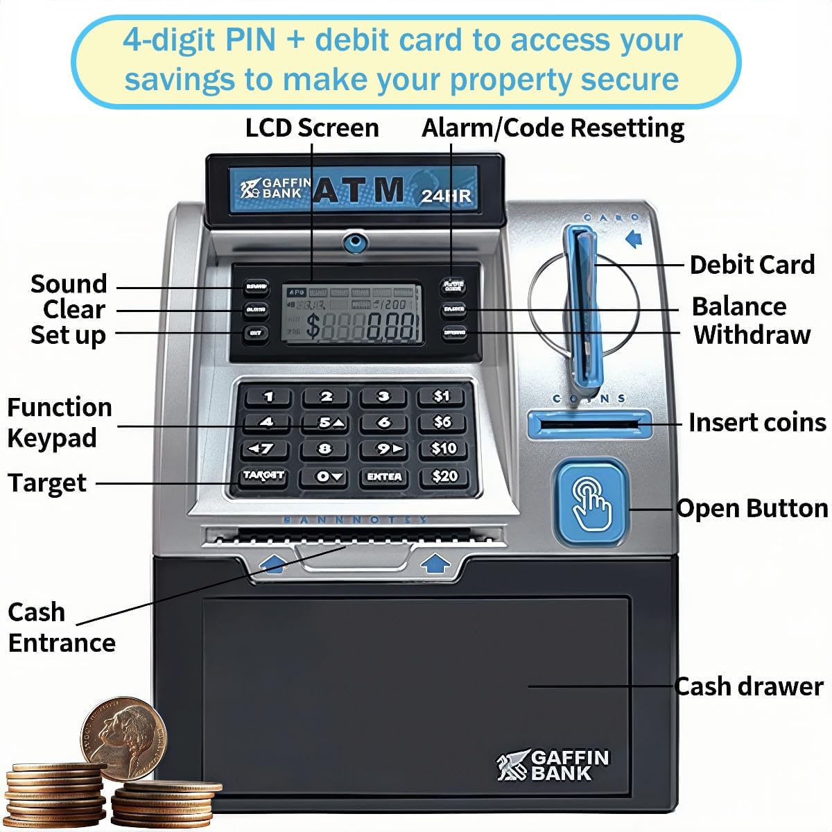 BKstar Kids ATM Piggy Bank with Debit Card & PIN - Electronic Money Bank with Digital Coin Counter & Bill Feeder, Educational Savings Toy for Boys & Girls Ages 3-12