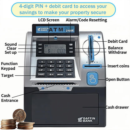 BKstar Kids ATM Piggy Bank with Debit Card & PIN - Electronic Money Bank with Digital Coin Counter & Bill Feeder, Educational Savings Toy for Boys & Girls Ages 3-12