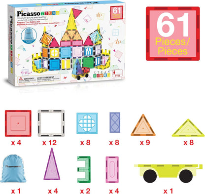 PicassoTiles 101 Piece Magnetic Tile Building Blocks Set with Durable Storage Bag STEM Educational Construction Magnet Toy Kit for Toddlers Preschool Kids Boys Girls Age 3 Plus Indoor Learning PT06