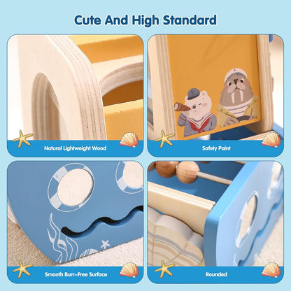 Promise Babe 5-in-1 Baby Wooden Activity Cube, Sea Ocean Montessori Toddler Toys for 1+ Year Old Boys Girls Gifts, Educational Learning Boat Toys for 1st Birthday Gifts for Kids