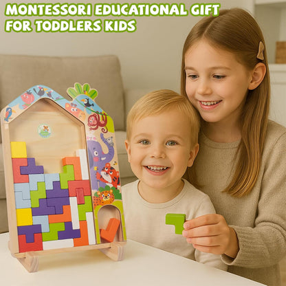 Wooden Puzzle Pattern Blocks Brain Teasers Game, 3D Russian Building Toy Wood Tangram Shape Jigsaw Puzzles Montessori STEM Educational Toys Gift for Kids