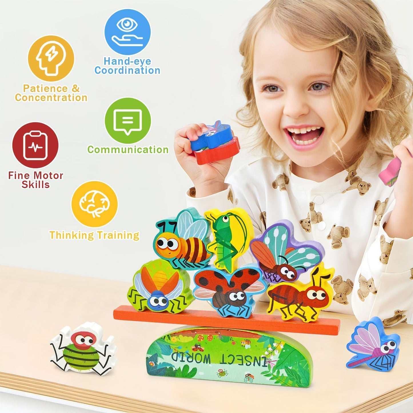 Vileafy Wooden Insect Toys for Kids -Bug Figurines Building Blcoks, Montessori Educational Wooden Toys for Preschool Learning, Fine Motor & Spring Nature Play Gift