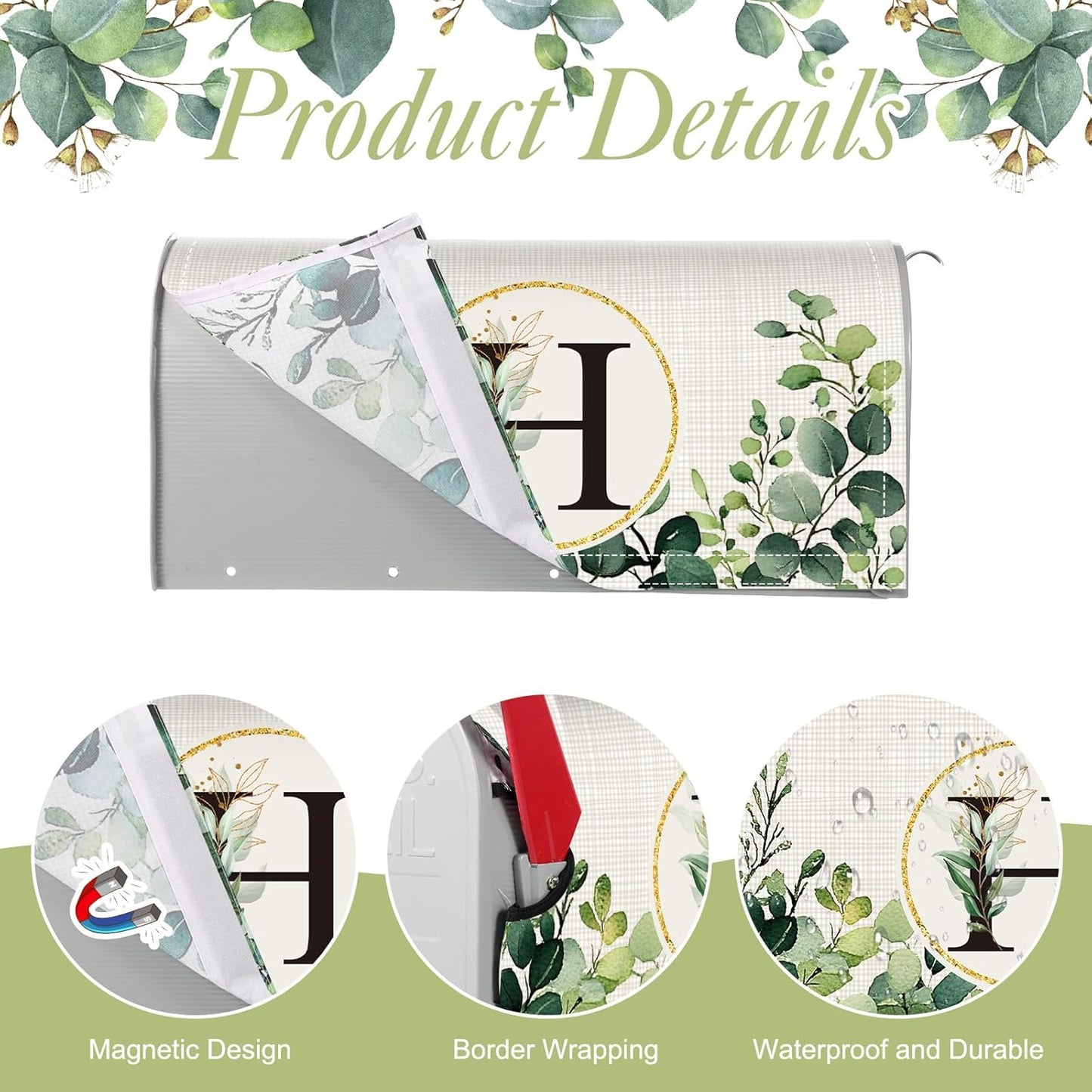 Tiamon Monogrammed L Mailbox Covers Magnetic Eucalyptus Welcome Letter Box Wrap Standard Size 21x18 Inch Spring Summer Leaves Mailbox Decor Eucalyptus Letter Numbers Decoration for Outdoor Garden Yard