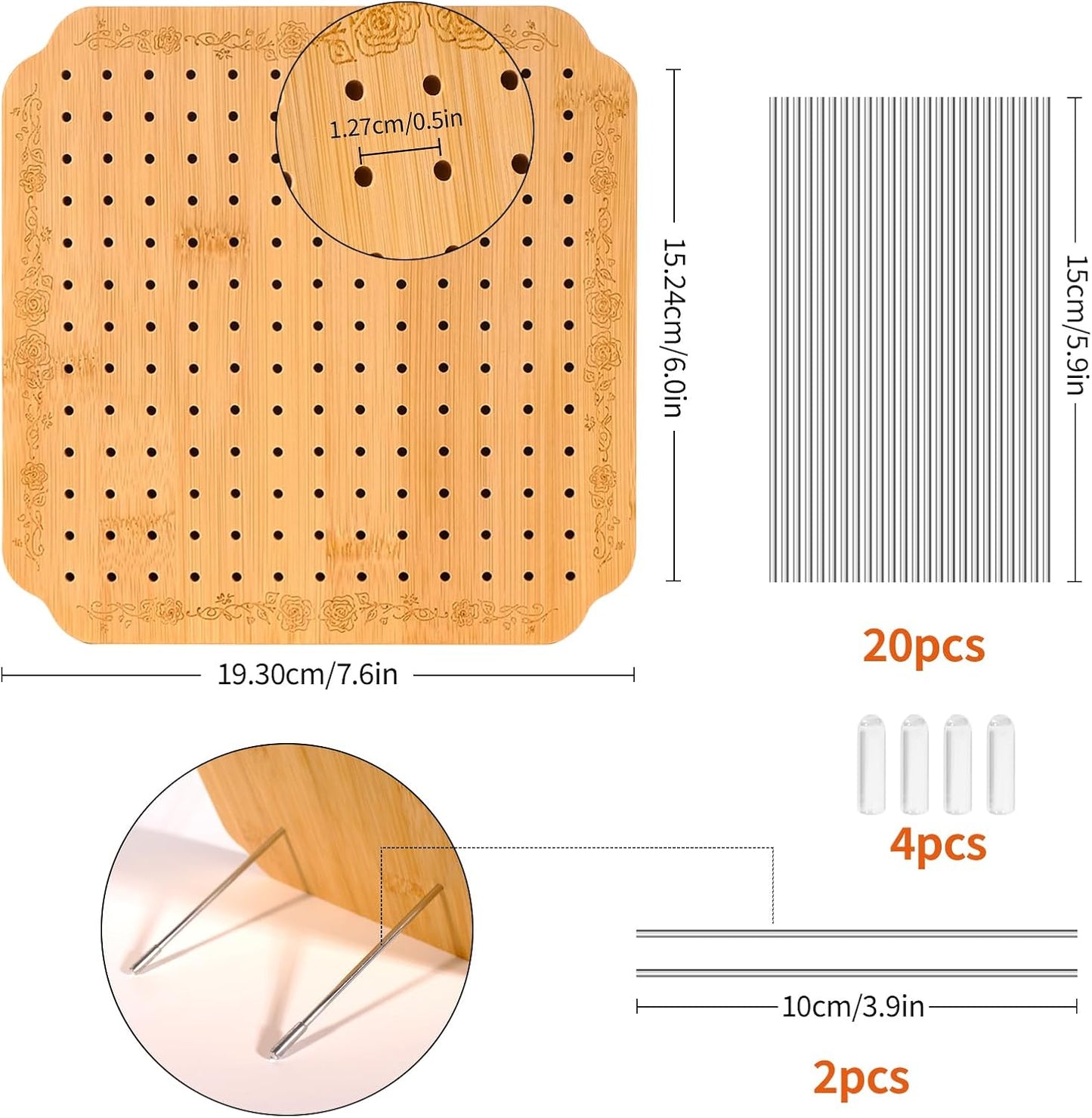 CraftyManor 7.6 in Blocking Boards for Crochet Projects with Rose Pattern, Crochet Blocking Board with Pegs, Granny Square Blocking Board with 20 Stainless Steel Pegs, Bamboo