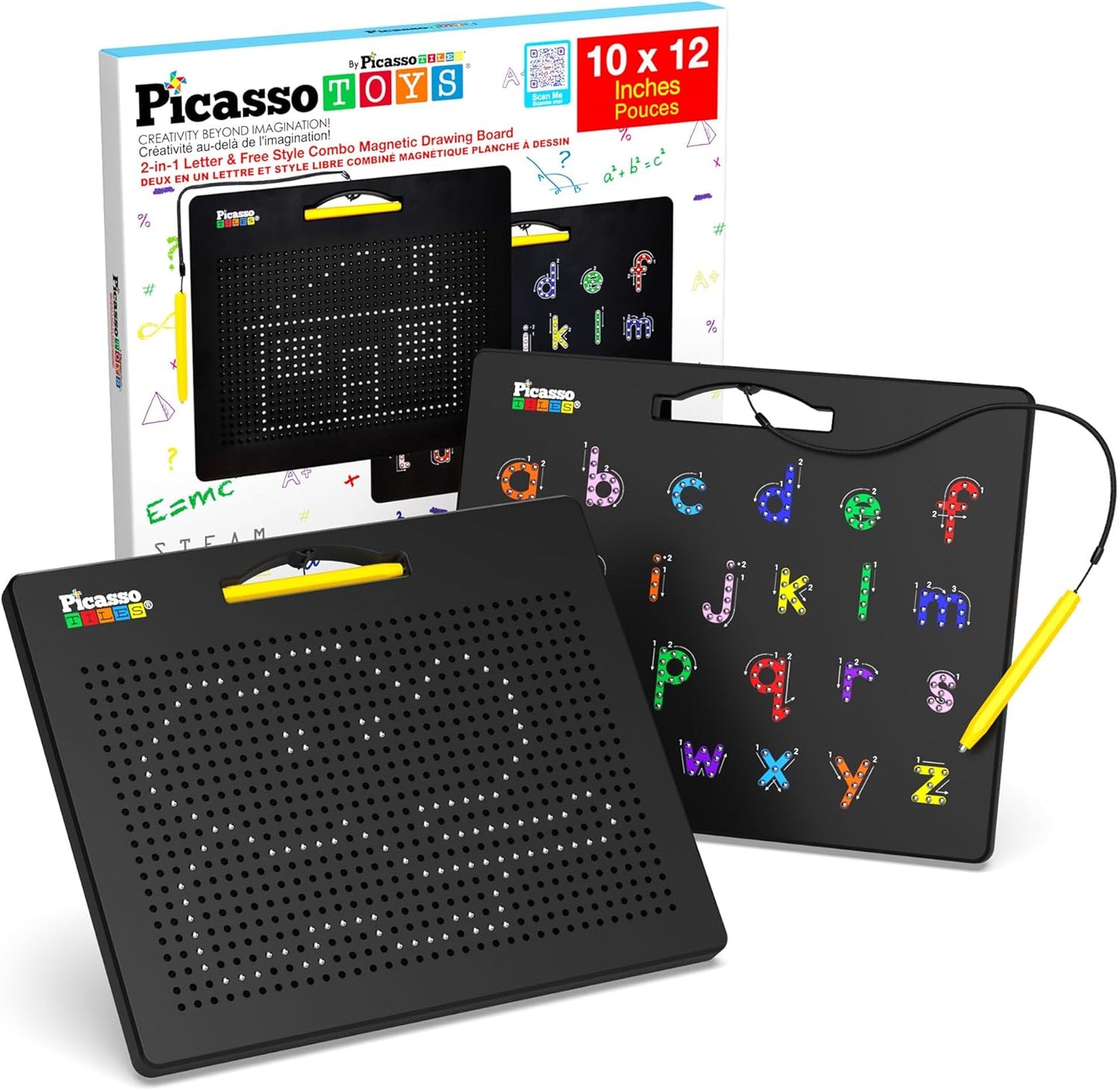 PicassoTiles 2PK 4-in-1 Magnetic Drawing Board 12x10 inch Large Magnet Tablet Pad with 4 Facings Lowercase & Uppercase Alphabets, Numbers, & Freestyle STEM Learning Writing Reading Playboard PTB06