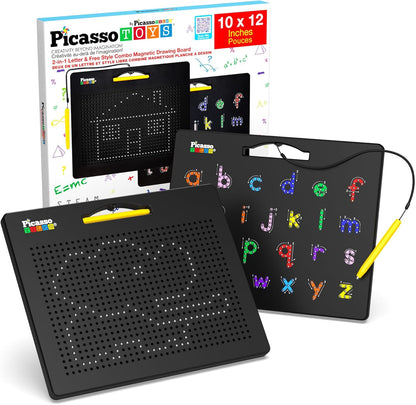 PicassoTiles 2PK 4-in-1 Magnetic Drawing Board 12x10 inch Large Magnet Tablet Pad with 4 Facings Lowercase & Uppercase Alphabets, Numbers, & Freestyle STEM Learning Writing Reading Playboard PTB06