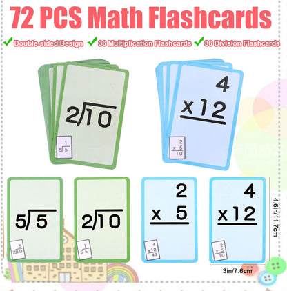 72 Pcs Math Flash Cards, Multiplication and Division Flash Cards for Studying, Math Manipulatives for Kindergarten Elementary Homeschool Classroom, Learning & Education Math Games for Kids Ages 4-12