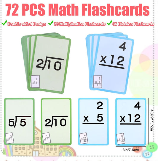 72 Pcs Math Flash Cards, Multiplication and Division Flash Cards for Studying, Math Manipulatives for Kindergarten Elementary Homeschool Classroom, Learning & Education Math Games for Kids Ages 4-12