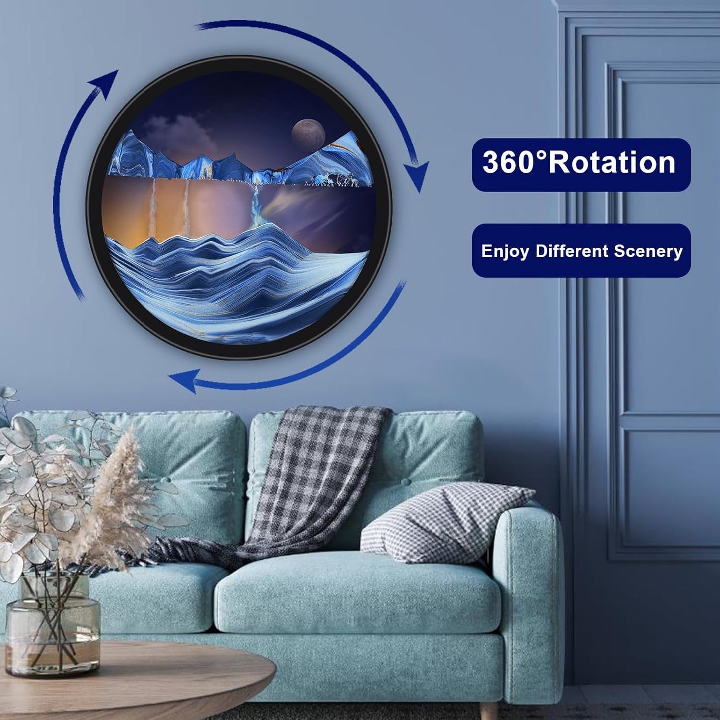 17.3" Moving Sand Art, 3D Sand Art Pictures Deep Sea Sandscape Living Room Decoration, 360° Rotate, Glass Crafts Solid Wood Frame, Relaxing Mood Home Office Work Wall Art Decor