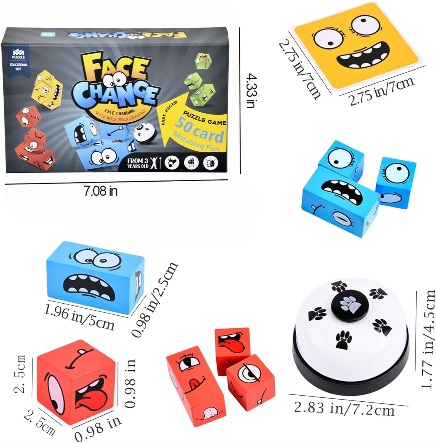 Wooden Face Changing Magic Cube Game with Bell, Puzzle Building Expression Pattern Matching Blocks Toy for Kids and Adults, Educational Fun for Family Night