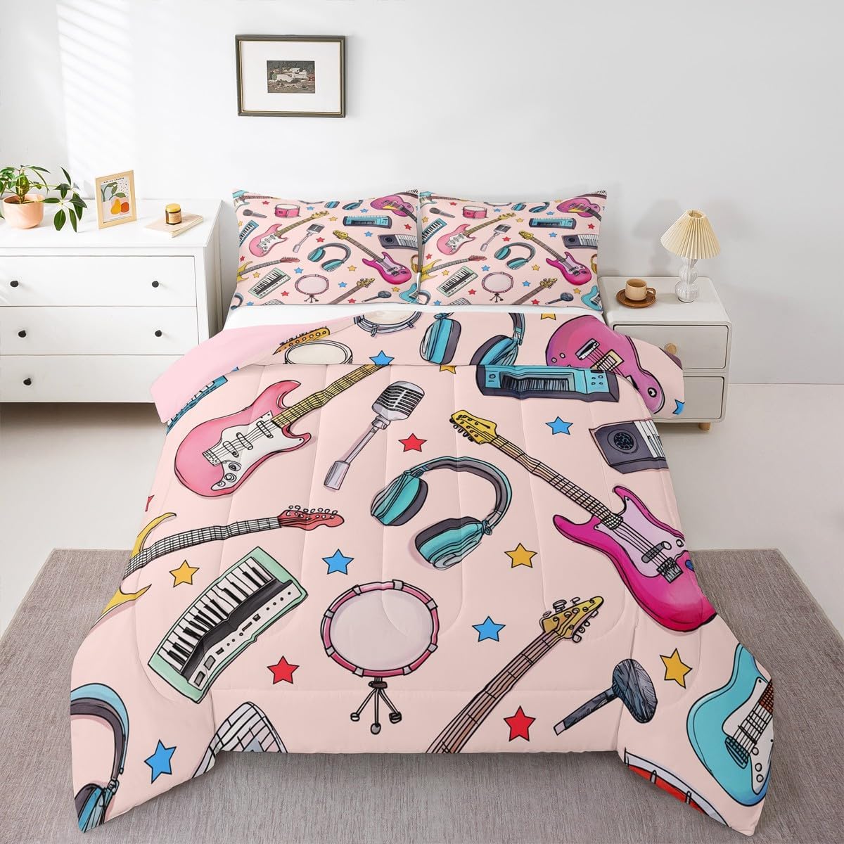 Erosebridal Drum Kit 3D Print Kids Comforter Sets Rock Music Themed Full Bedding Set for Boys Girls Musical Pattern Comforter Set,Colorful Retro Style Quilt Duvet 3 Pcs