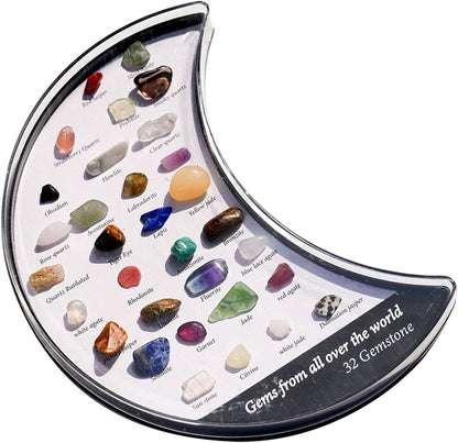 Rock Crystal Collection Box Crescent Moon Shaped, 32 Types Mineral Rock Collection Kit, For Kids Nature Science Education, Enhance Parent Child Interaction, 3.14x5.9in