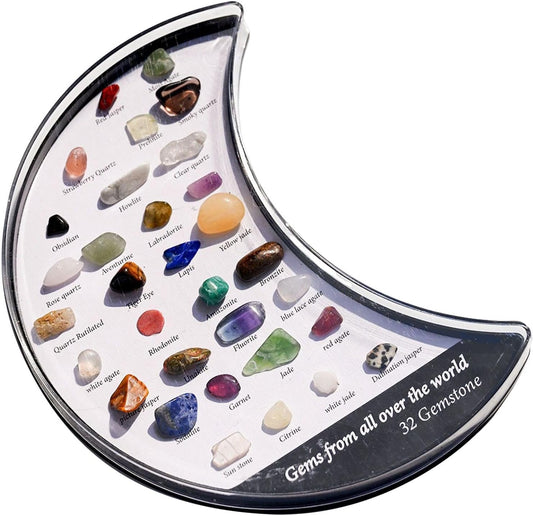 Rock Crystal Collection Box Crescent Moon Shaped, 32 Types Mineral Rock Collection Kit, For Kids Nature Science Education, Enhance Parent Child Interaction, 3.14x5.9in