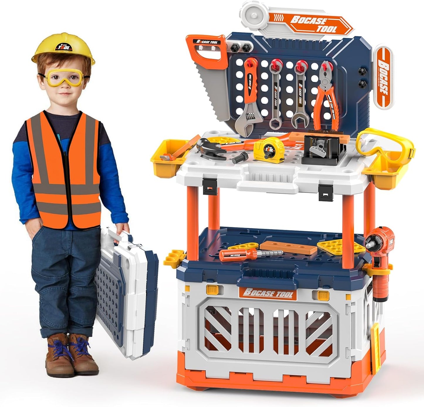 Kids Tool Bench -Toy Workbench with Electric Drill Toy Tool Accessories and Construction Vest 91pcs Toddler Tool Bench,Pretend Play Learning Toy Tool Bench for Kids Ages 3-5,4-8