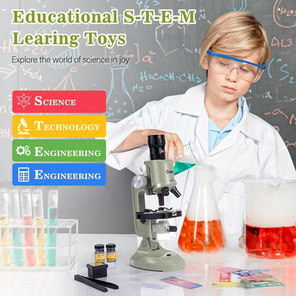 Kids Microscope Kit with LED Light - 100X/400X/1200X Magnification for STEM Learning, 12 Prepared Slides, Easy-to-Use Science Learning Kit (Ages 5-12) - Yellow
