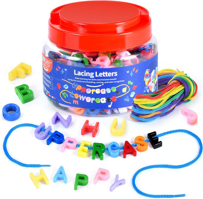 278 Pcs Lacing Letters Beads, 10 Color Alphabet Letter Beads Learning Toys with 18 Laces, Lowercase ABC Bead Letters Toys for Kids Ages 3+, Home Manipulatives for Preschoolers, Back to School Supplies