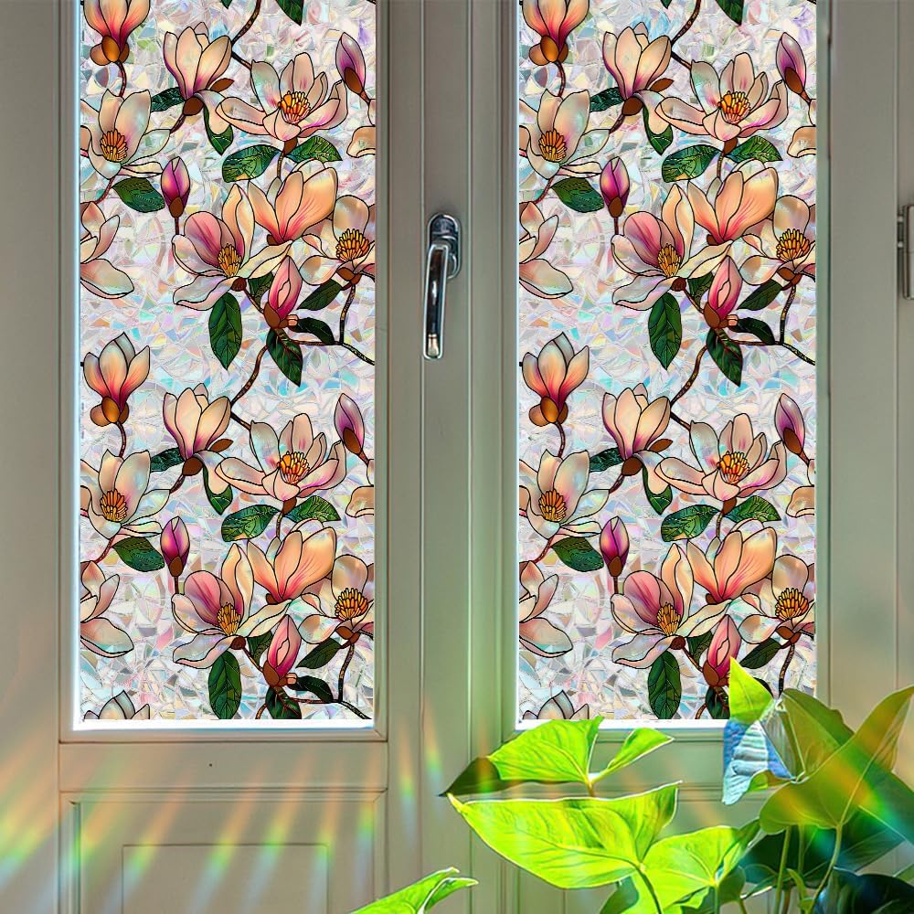 Flower Stained Glass Window Film Decorative Static Cling Stickers Sun Blocking Privacy Decals for Home Car White Lily