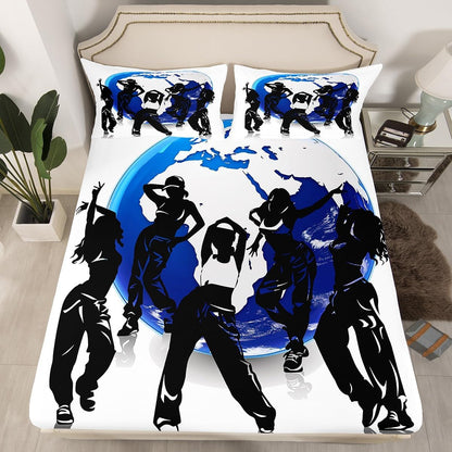 Manfei Musical Kids Fitted Sheet Full Size, MusicalGuitar Radio Drum Kit Headset Print Bedding Set 3pcs for Boys Girls, Rock Music Bed Cover with 2 Pillowcases, Soft Polyester Bedding, No Top Sheet