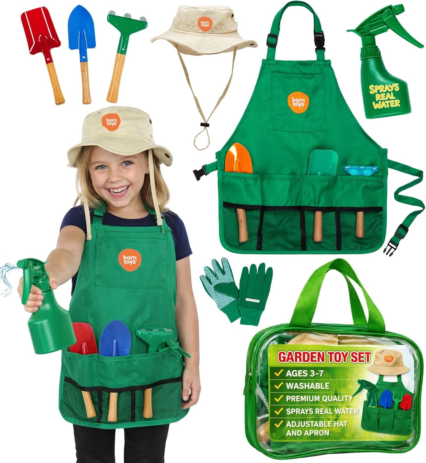Born Toys Kids Garden Set for Boys & Girls Ages 3-7, Toddler Gardening Kit with Kids Gardening Tools - Gardening Apron, Gloves, Hat, Working Spray Bottle, Trowel Shovel & Rake, Outdoor Activity Toys