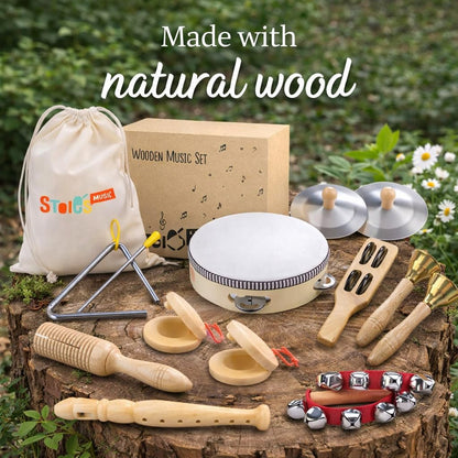 Stoie's Wooden Toddler Musical Instruments with Drum, Hand Bells, Flute, Maracas, Castanet, Tamburine, for Babies and Kids, Eco Friendly Montessori Educational Toy