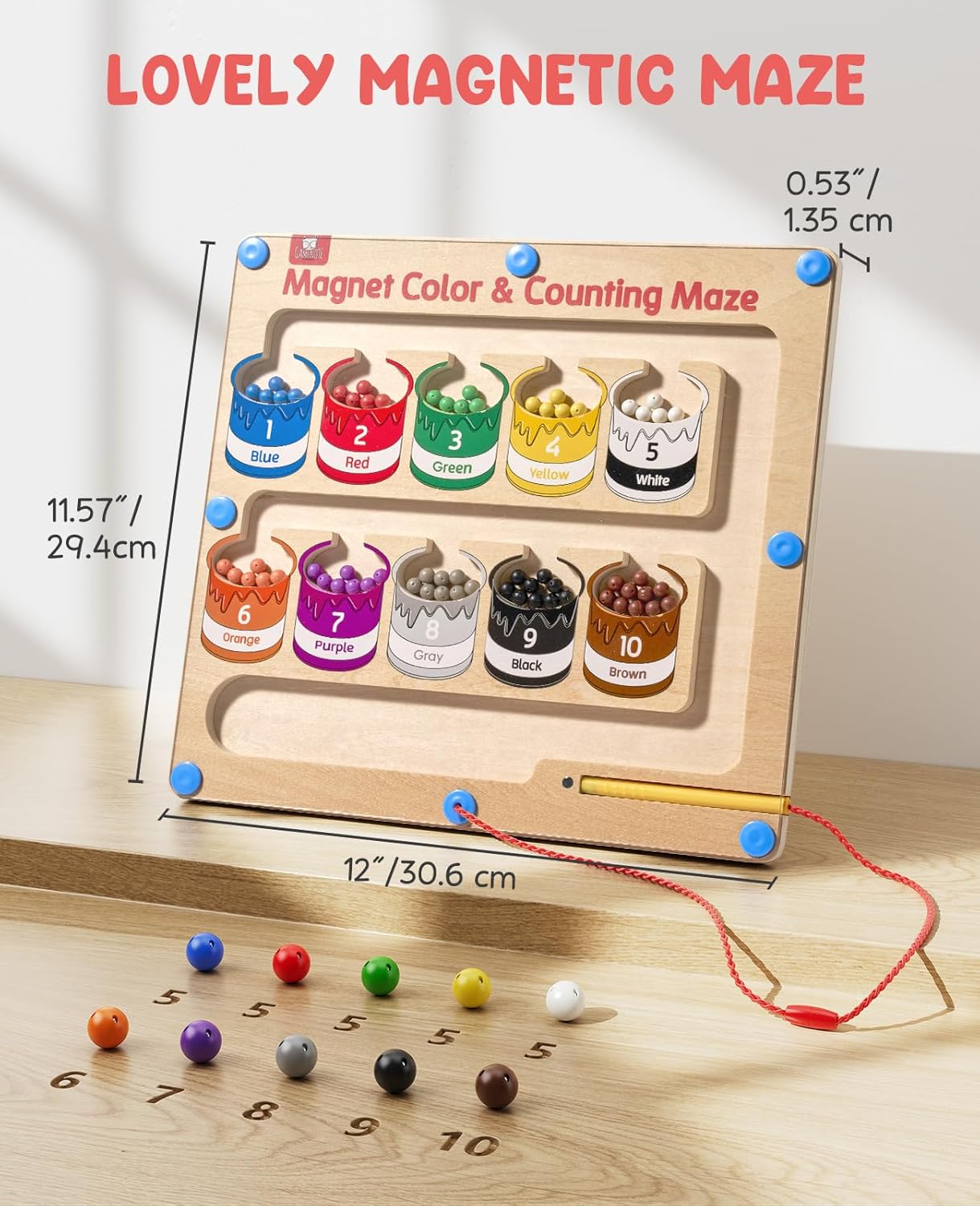 GAMENOTE Magnetic Color and Number Maze - Educational Fine Motor Skills Toys for Boys Girls 3 4 5 Years Old, Wooden Color Matching Learning Counting Toddler